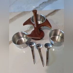 Atomic Era Danish Modern Teak Condiment Server Stainless Bowls MCM Scandinavian